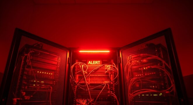 Alert sign on server rack with red light. Data center under attack concept, internet security breach or system failure. Cybersecurity threat background.