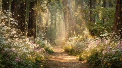 Naklejka premium A forest path with a trail of glowing light. The light is coming from the sun and is reflecting off the leaves and flowers. The scene is peaceful and serene