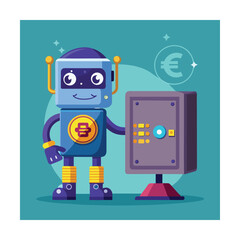 Cartoon Robot Guarding Digital Safe with Money