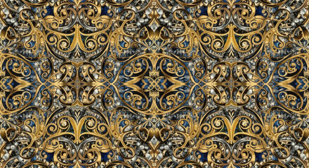 Ornate golden scrollwork against a mosaic of blue and silver tones