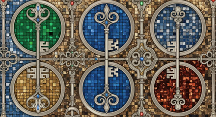 Ornate keys on stained glass mosaic