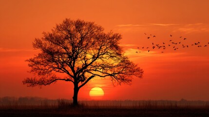 Fototapeta premium A tree stands in a field with a sunset in the background. The sky is orange and the sun is setting. There are many birds flying in the sky