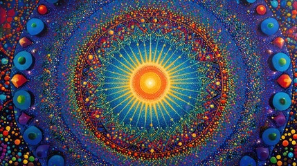 Obraz premium A colorful painting of a sun with a blue background. The sun is surrounded by many different colored dots, creating a sense of movement and energy. The painting is abstract