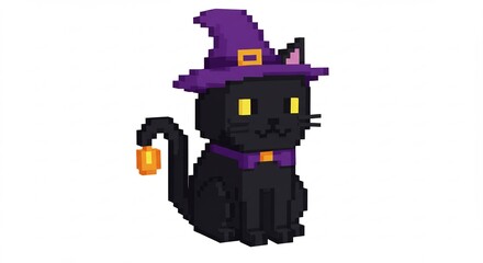 ハロウィン猫、紫帽子、ピクセルアート風画像