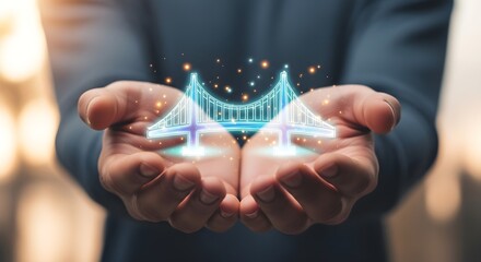businessman hand touching virtual  bridge screen