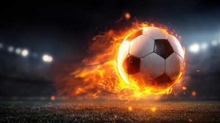 Fototapeta premium A soccer ball is on fire and is in the air. The image has a dramatic and intense mood