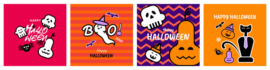 Set of cute square Halloween greeting cards. Bright flat geometric vector design with funny pumpkins, bats, ghosts and black cat. Cartoon holiday illustration for posters, invitations, ads, labels