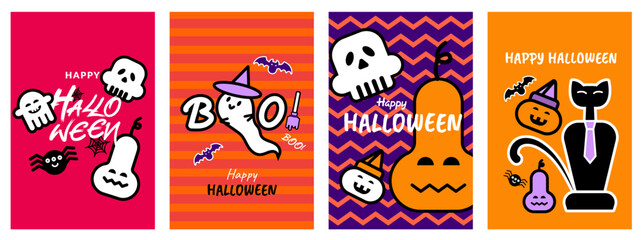 Happy Halloween flat cartoon design. Geometric style vector card set with cute bat, pumpkin, ghost and cat characters. Bright seasonal illustration for kids, party invitation, label, cover, flyer, web