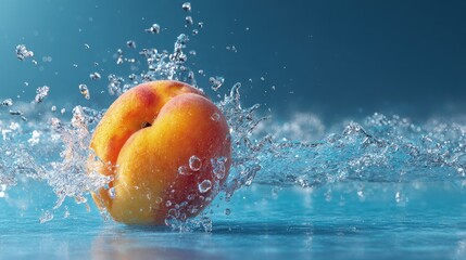 Dynamic splash as a whole peach drops into a serene blue pool high contrast motion frozen studio shot minimalist style