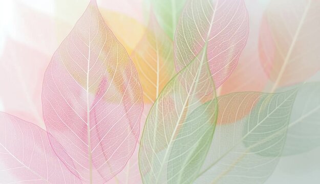A close-up of translucent skeleton leaves in vibrant pastel shades of pink, green, yellow, and orange. The composition emphasizes fine vein details, with some leaves in sharp focus and others softly