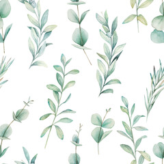 Watercolor seamless pattern. Vintage print with herbal   branches. Hand drawn illustration on white background.