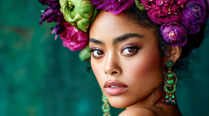 Vibrant portrait of a woman adorned with colorful floral crown against a rich teal background