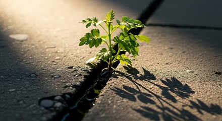 Resilience displayed by plant growing through concrete crack symbolizing overcoming adversity and finding strength in