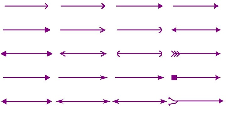 A diverse collection of purple arrow designs and line styles on a plain white background.