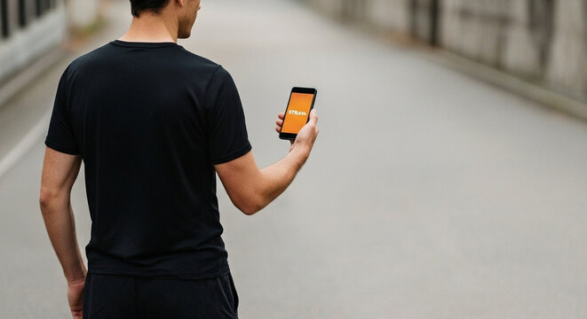 A runner man hold a smartphone with one hand open strava app
