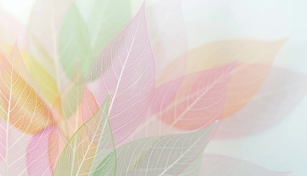 A close-up of translucent skeleton leaves in vibrant pastel shades of pink, green, yellow, and orange. The composition emphasizes fine vein details, with some leaves in sharp focus and others softly