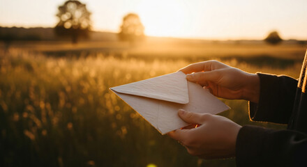 Golden hour hands holding letter in sunlit field