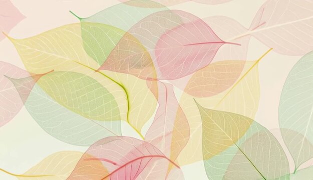 A close-up of translucent skeleton leaves in vibrant pastel shades of pink, green, yellow, and orange. The composition emphasizes fine vein details, with some leaves in sharp focus and others softly
