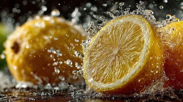 Dynamic splash of water with fresh lemon slices frozen motion dark moody background cinematic and intense lighting