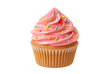 Cupcake with pink frosting and colorful sprinkles, transparent background