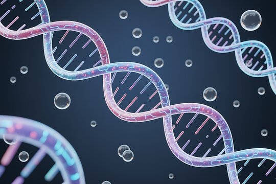 Artistic representation of dna double helix structure in a science and medical themed composition with vibrant colors and bubbles. - Powered by Adobe