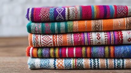 A stack of colorful blankets with a variety of patterns. The blankets are piled on top of each other, creating a visually appealing display