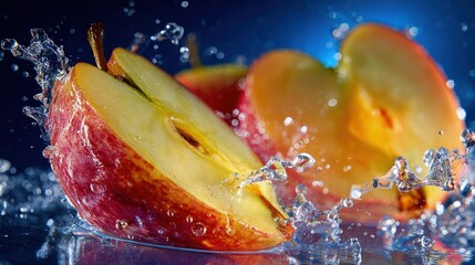 Close macro of juicy apple slices splashing water perfect clarity energetic burst wellness and hydration concept-ready composition
