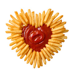 Heart shape made of french fries and ketchup isolated on transparent background