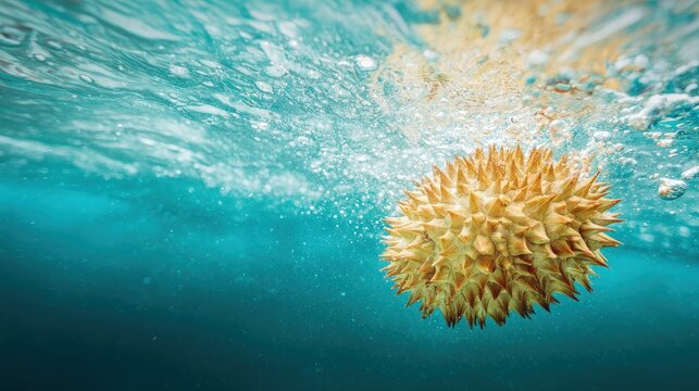 Golden-yellow fleshy durian submerging into turquoise water close-up detail natures beauty