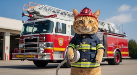 Rescuer cat in brave uniform with fire engine background outdoors
