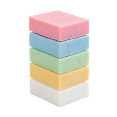 Stack of five colorful pastel soap bars isolated on transparent background