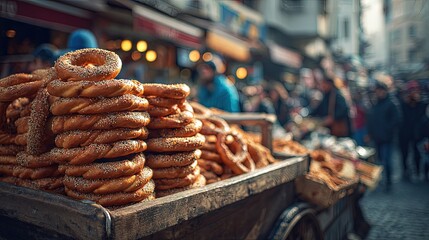 Traditional Turkish Food Simit stacked on a street vendor cart bustling Istanbul backdrop colorful spices authentic cultural scene