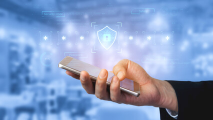 A concept of an advanced cybersecurity system. The futuristic interface shows a multi-factor authentication process using a secure password or PIN for enhanced data protection. Fermion