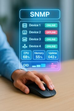 Monitoring network performance snmp device status analysis digital workplace interactive dashboard tech environment close-up view data management strategies