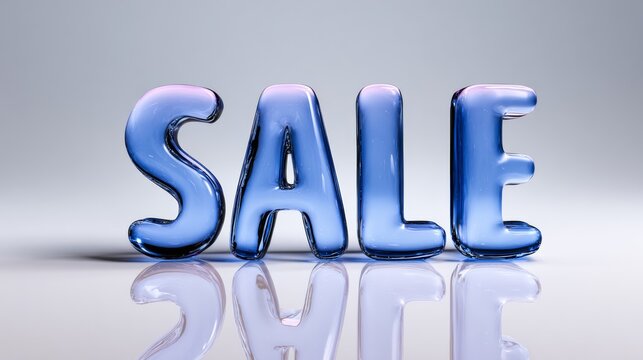 The word Sale is written in blue letters on a white background. The letters are made of clear plastic and appear to be floating in the air. Concept of excitement and anticipation