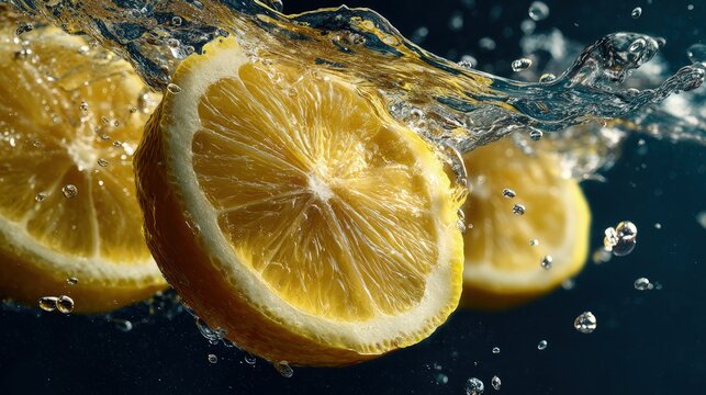Hyperrealistic macro shot of fresh lemon slices splashing water crisp droplets frozen in dramatic studio light