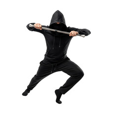 Hooded figure in black holding a metal staff isolated on transparent background