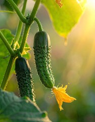 Fresh Cucumbers Growing in Garden with Yellow Flower.