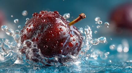 A single fresh Indian Prune splashing into crystal clear water high-speed photography droplets frozen in motion studio lighting crisp focus