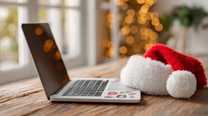 Laptop is on a wooden table with a red and white Santa hat on top of it. The scene gives off a festive and cozy atmosphere