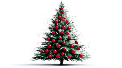 Obraz premium Christmas tree with red balls on it. The tree is the main focus of the image. The red balls are scattered all over the tree, making it look festive and lively. Concept of joy and celebration