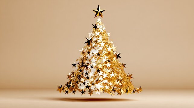 Gold star tree with a star on top. The tree is made of gold stars and is on a white background