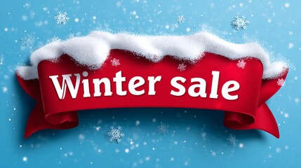 Red ribbon with snow on it that says Winter Sale. The ribbon is on a blue background