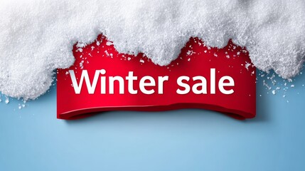 Red ribbon with the words Winter Sale written on it. The ribbon is on top of a snowy background