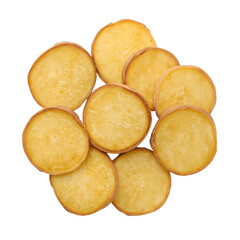 A pile of thinly sliced, goldenbrown potato chips arranged in a circular pattern, isolated on a transparent background