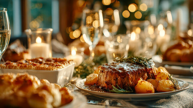 Delicious holiday feast featuring a savory roast with potatoes and elegant table setting illuminated by warm candlelight - Powered by Adobe