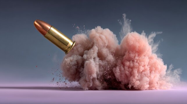 Bullet is shot into the air, leaving a cloud of pink smoke behind it. Concept of danger and destruction, as the bullet's trajectory is unpredictable and potentially lethal