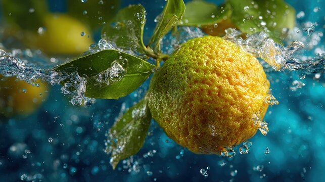 Ugli Fruit splashing water macro shot tropical freshness sparkling droplets vibrant textures high-demand photography - Powered by Adobe