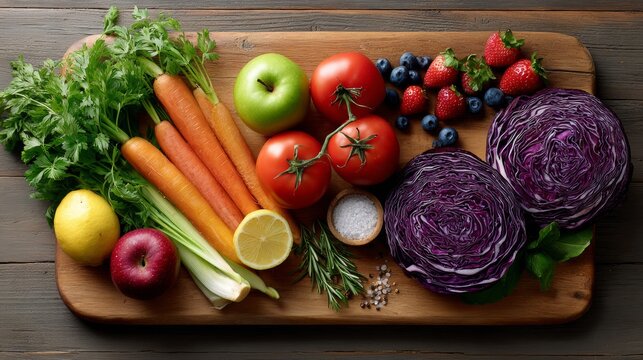 Wooden cutting board with a variety of fruits and vegetables, including apples, carrots, and blueberries