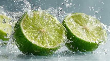 High-speed photography Lime slices splashing water isolated on white background refreshing citrus explosion crisp clarity commercial beverage advertising concept